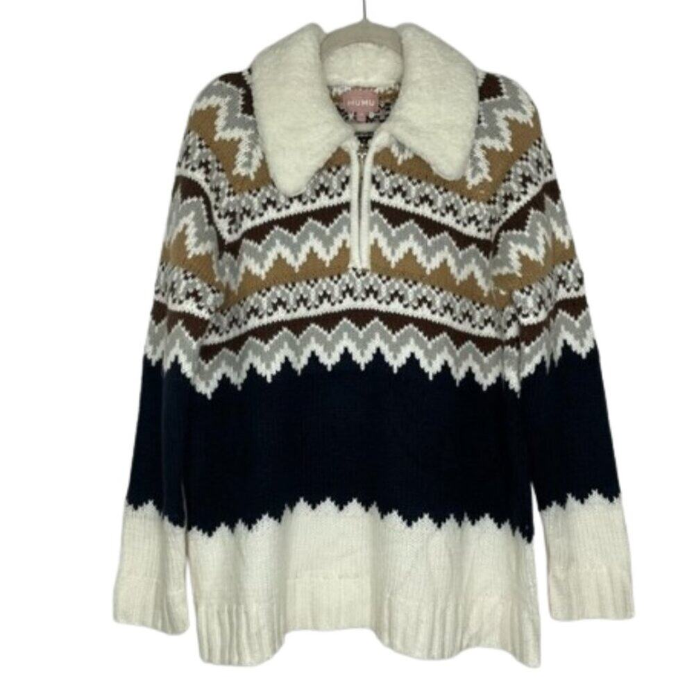 Show Me Your MuMu Navy, White & Brown Fair Isle V‑Neck Pullover